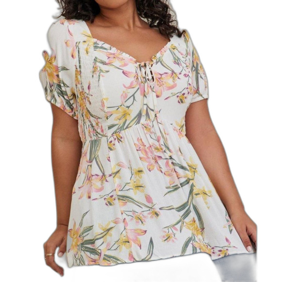 TORRID Top, 3/3X, Off-white/Pink Floral, Smocked, Lace front, Short sleeves - Picture 14 of 14